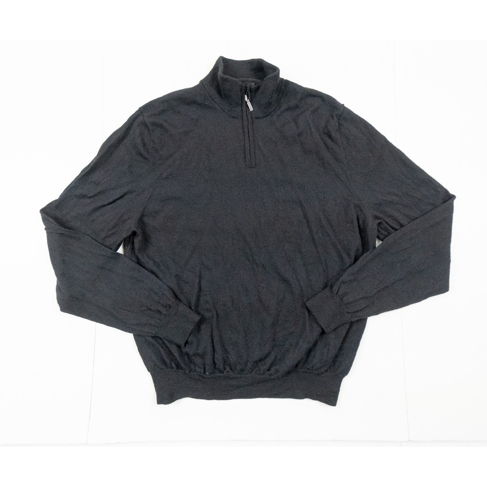 Bloomingdales Sweater Mens XLarge Black 1/4 Zip Pullover Merino Wool Mock Neck